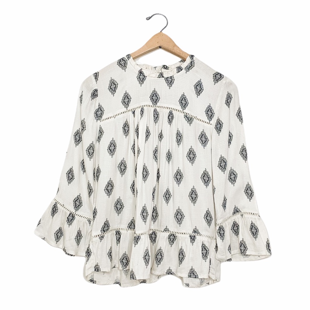 Lucky Brand Ivory Boho Print High Neck Long Sleeve Blouse Small S